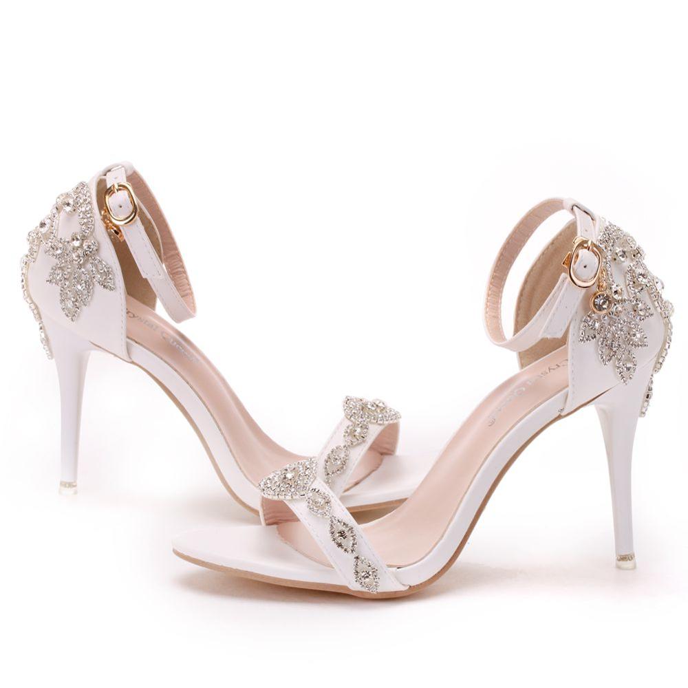 Crystal Queen Women Sandals Summer High Heels Peep Toes Buckle Strap Bridal Pumps Party Luxury Diamond Lady White Wedding Shoes