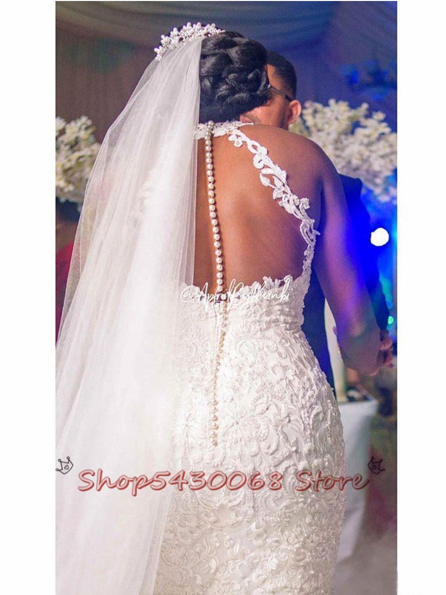 Arabic Aso Ebi Vintage Lace Beaded Wedding Dresses Sheer Neck Mermaid Bridal Dresses Sexy Cheap Wedding Gowns 