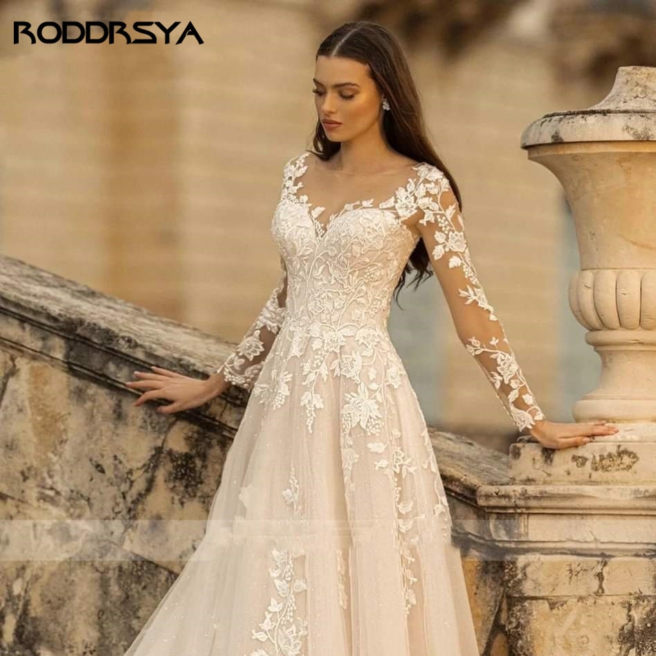 RODDRSYA Elegant O-Neck Wedding Dresses Lace Up A-Line Appliques Long Sleeves Beach Bride Gowns robe de mariée bohème Plus Size