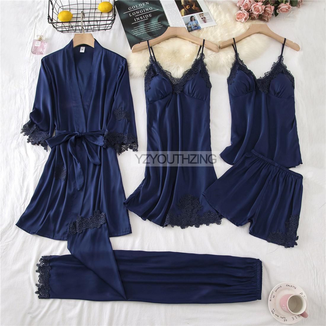 Lace PJ's Women Pajamas Suit Satin Sexy Sleepwear Summer Pyjamas With Trousers Nightgown V-Neck Kimono Robe Gown Set Lingerie