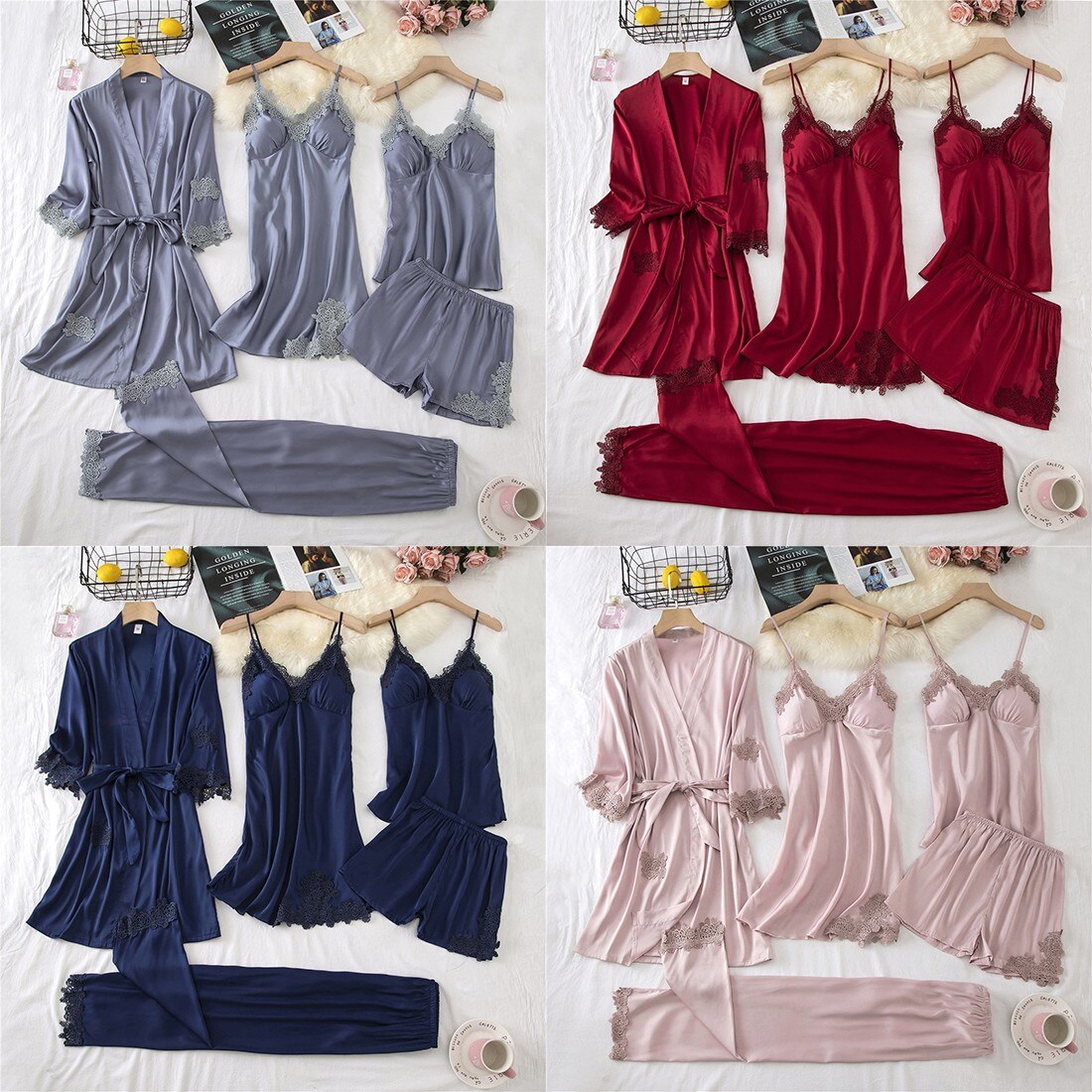 Lace PJ's Women Pajamas Suit Satin Sexy Sleepwear Summer Pyjamas With Trousers Nightgown V-Neck Kimono Robe Gown Set Lingerie