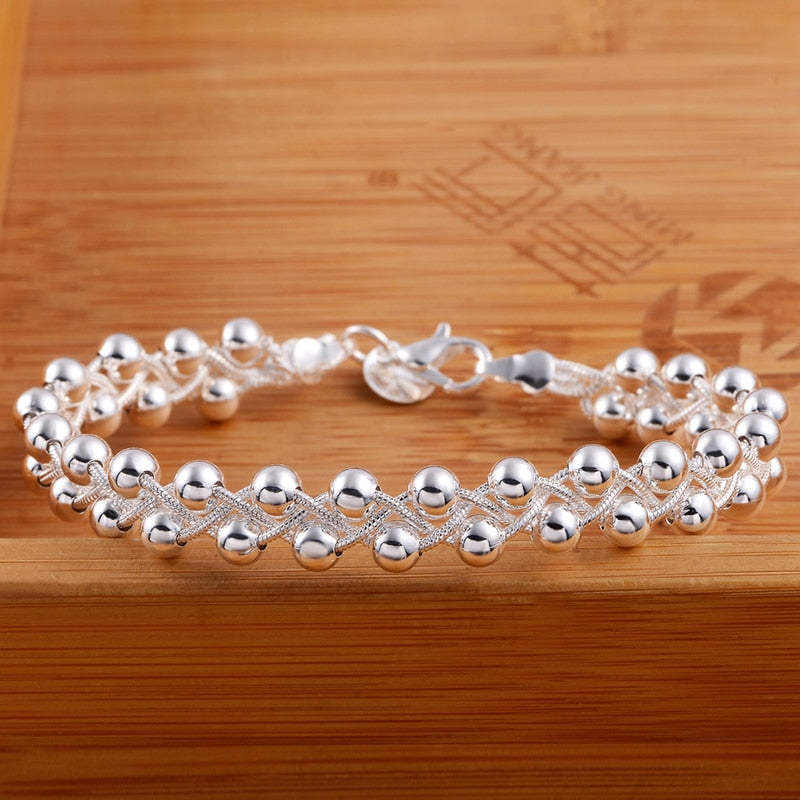 925 Silver Weave Beads Chain Bracelet For Women Wedding Fashion Jewelry Gifts