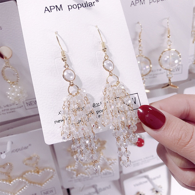 2022 Korean Earings Crystal Pearl Tassel Earrings Geometric Pendant Bride Wedding Jewelry Gift Earrings For Women