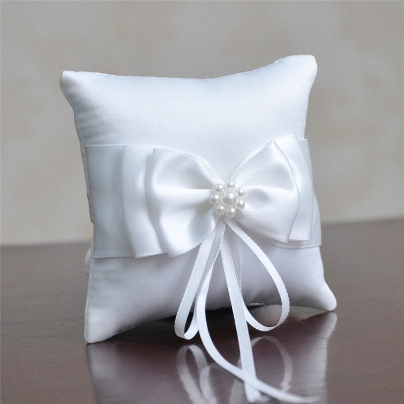 Romantic Double Bow Ribbon Pearls Ring Pillow Bridal Wedding Ceremony Pocket Ring Pillow Cushion Bearer With Ribbons Decoration