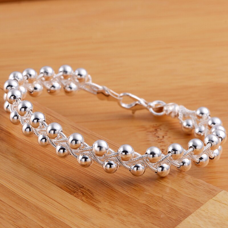 925 Silver Weave Beads Chain Bracelet For Women Wedding Fashion Jewelry Gifts