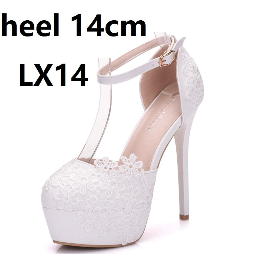 Crystal Queen White Lace Flower Pumps Womens Elegant Wedding Shoes Bride High Heels Platform Ladies Wedges Party Dress Stiletto