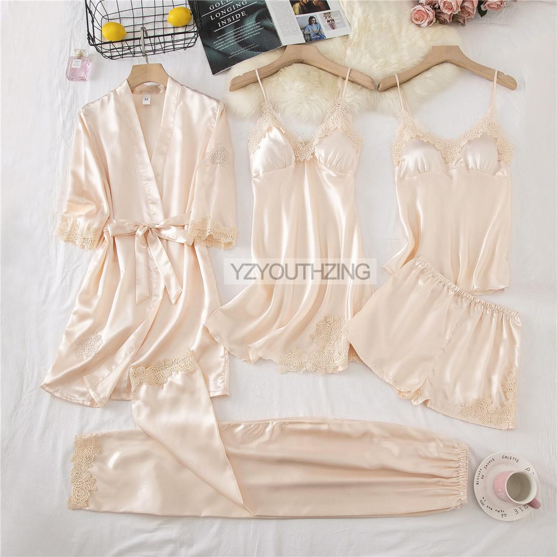 Lace PJ's Women Pajamas Suit Satin Sexy Sleepwear Summer Pyjamas With Trousers Nightgown V-Neck Kimono Robe Gown Set Lingerie