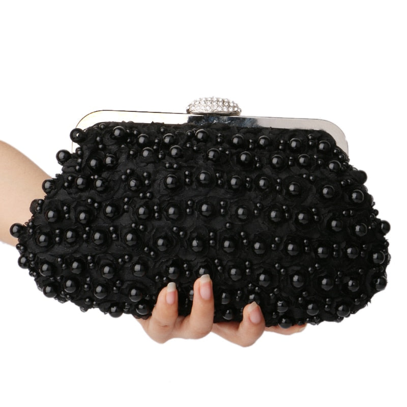 Beaded Women Clutch Party Wedding Chain Shoulder Handbags Diamonds Metal Rose Vintage Evening Bags