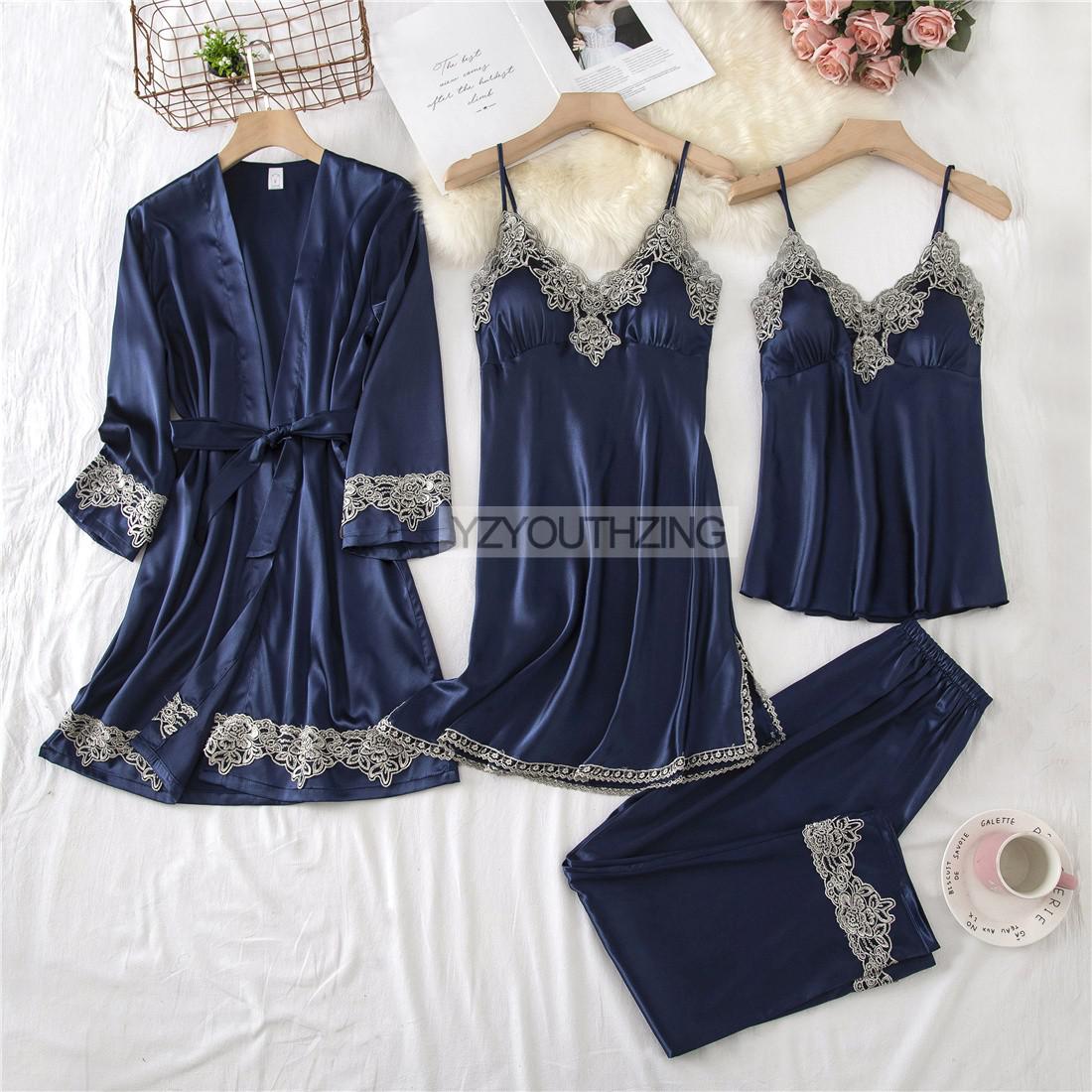 Lace PJ's Women Pajamas Suit Satin Sexy Sleepwear Summer Pyjamas With Trousers Nightgown V-Neck Kimono Robe Gown Set Lingerie