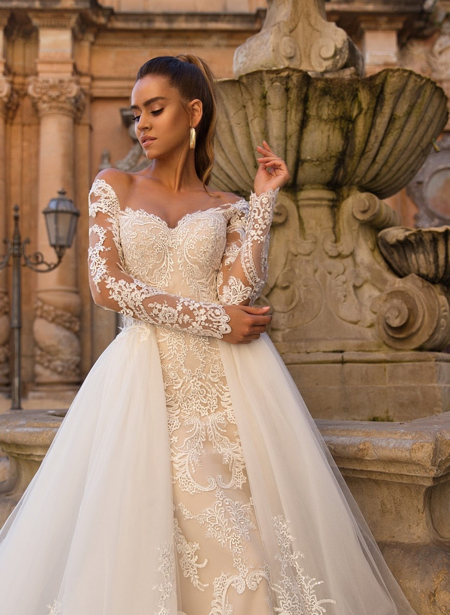 Sexy Mermaid Wedding Dress Detachable Train 2022 Newest Off Shoulder Lace Long Sleeve Button Back Bridal Wedding Gown for Bride