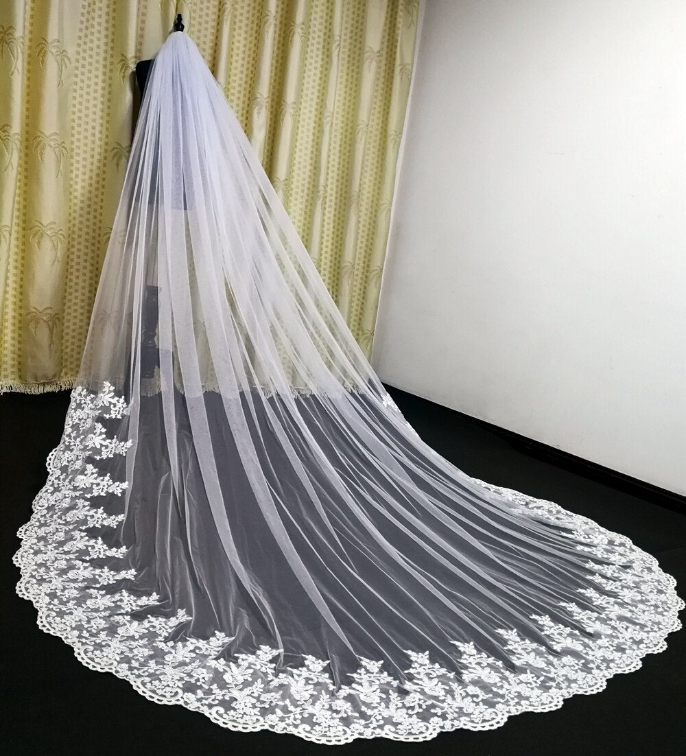 Real Photos 3m Long One Layer Cathedral Wedding Tulle Lace Bridal Veil White Ivory Customized Veil With Comb Wedding Accessories