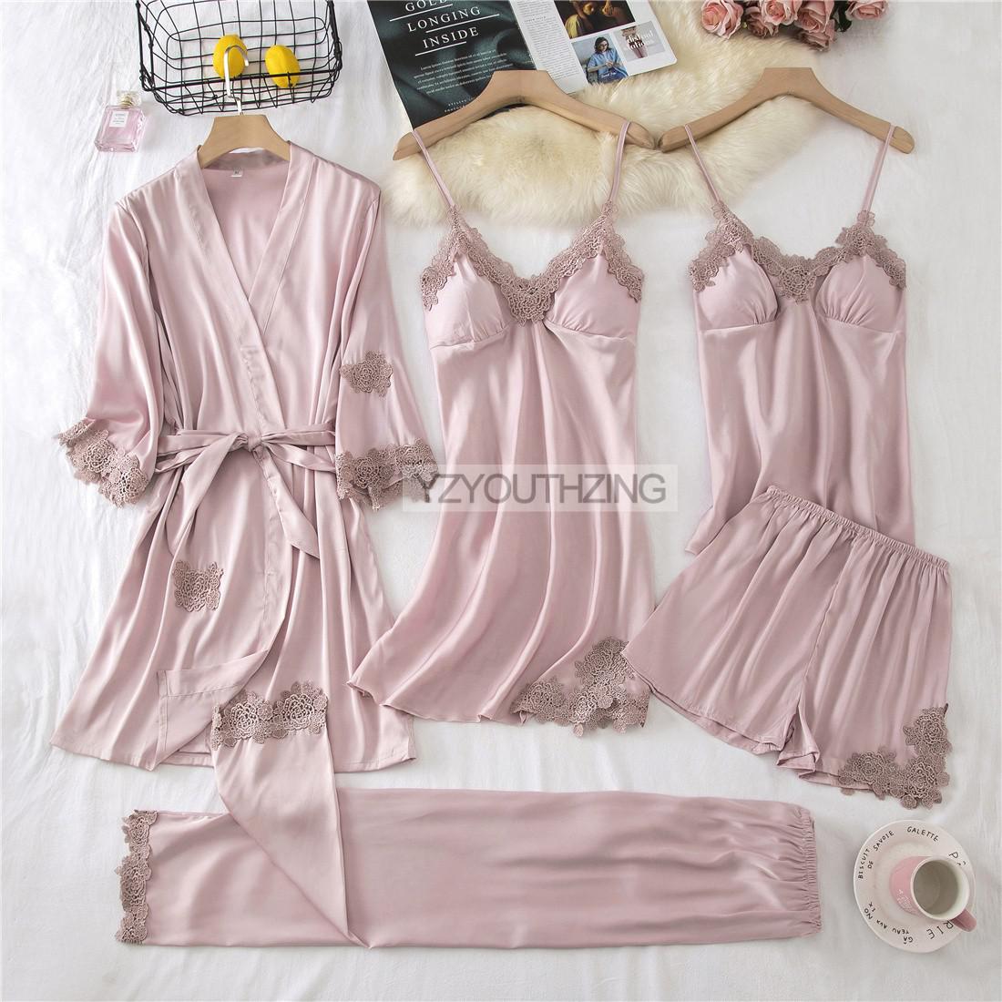 Lace PJ's Women Pajamas Suit Satin Sexy Sleepwear Summer Pyjamas With Trousers Nightgown V-Neck Kimono Robe Gown Set Lingerie