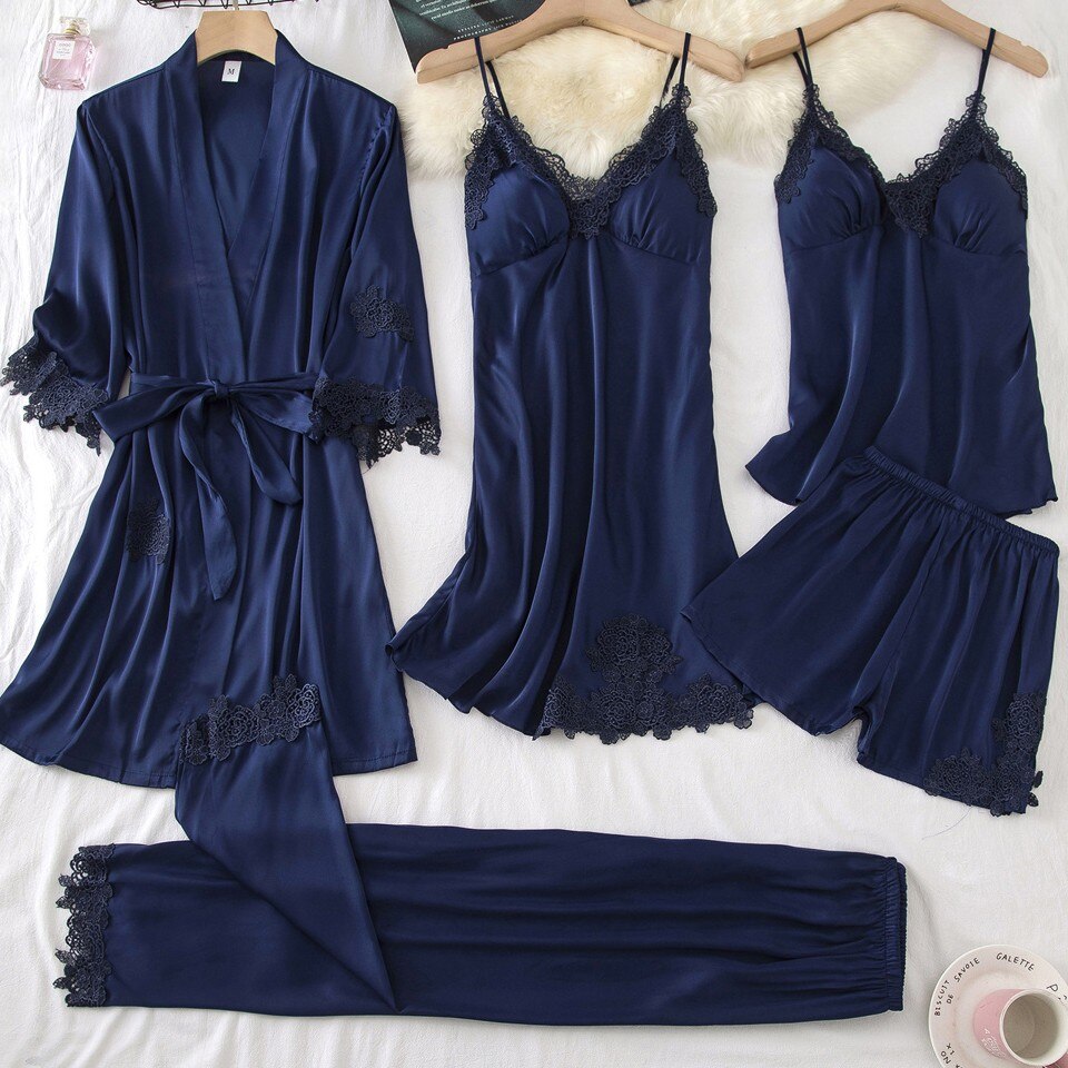 Lace PJ's Women Pajamas Suit Satin Sexy Sleepwear Summer Pyjamas With Trousers Nightgown V-Neck Kimono Robe Gown Set Lingerie