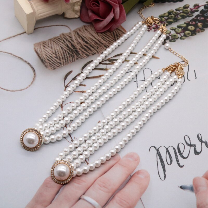 Retro Elegant Necklace Glass Pearls Double Choker Rhinestone Glitter Wedding Party Decoration Wholesale