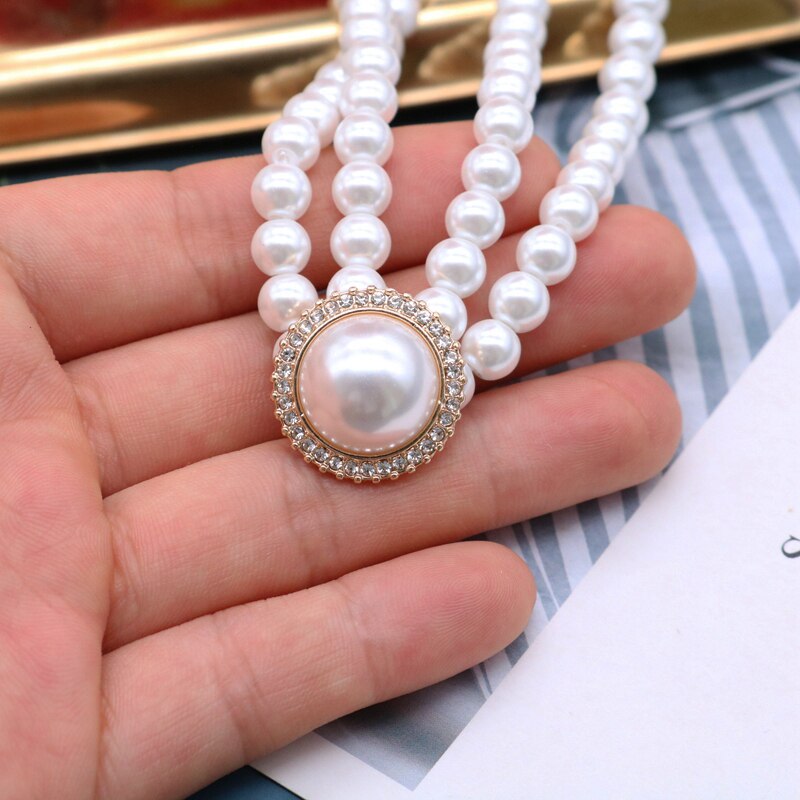 Retro Elegant Necklace Glass Pearls Double Choker Rhinestone Glitter Wedding Party Decoration Wholesale