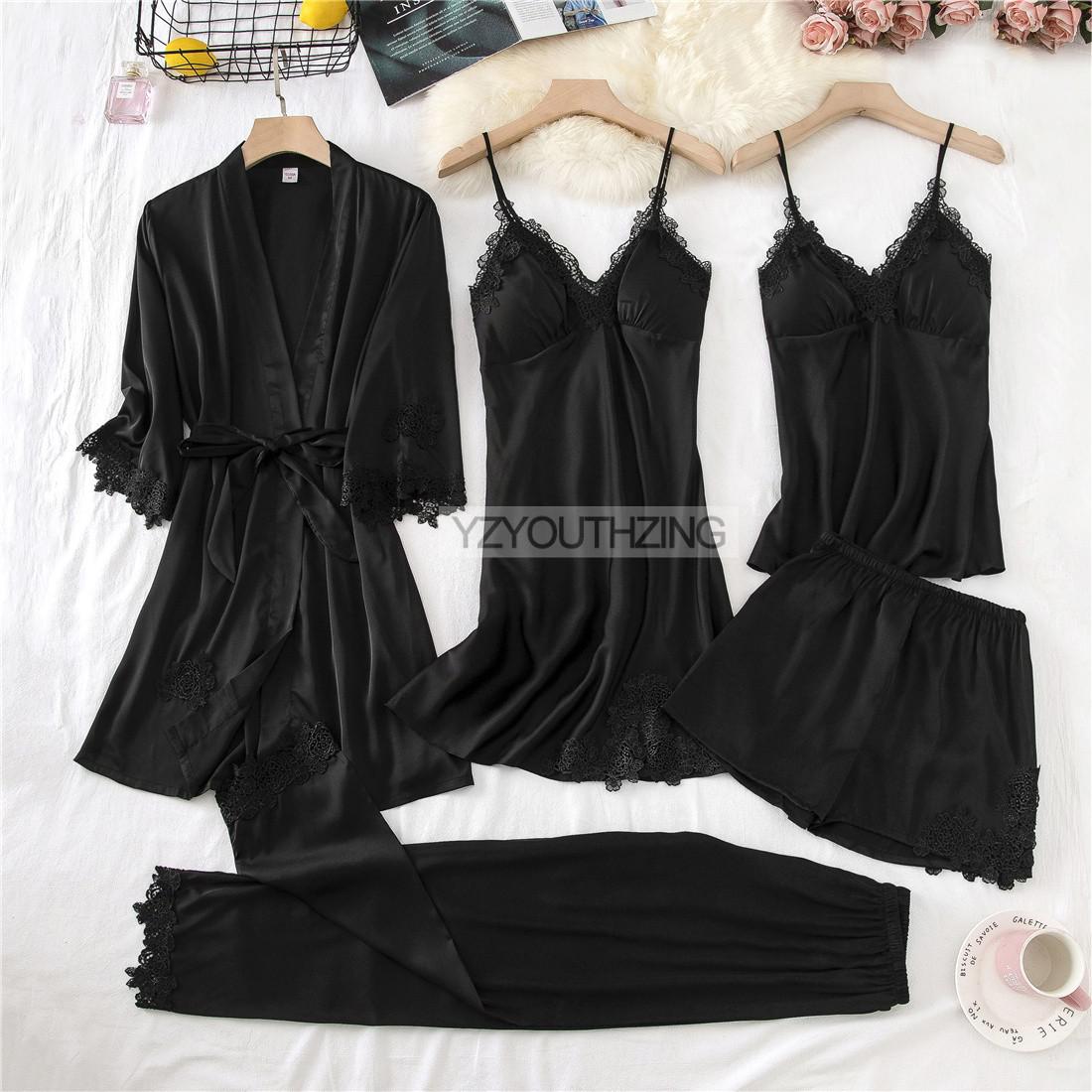 Lace PJ's Women Pajamas Suit Satin Sexy Sleepwear Summer Pyjamas With Trousers Nightgown V-Neck Kimono Robe Gown Set Lingerie