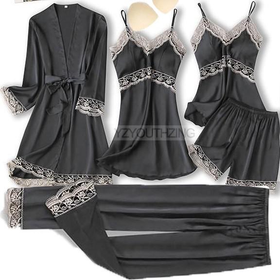 5PCS Robe Suit Satin Women Nightwear Lace Kimono Gown Bridal Wedding Bathrobe Set Sexy Pajamas V-Neck Sleepwear Lounge Lingerie