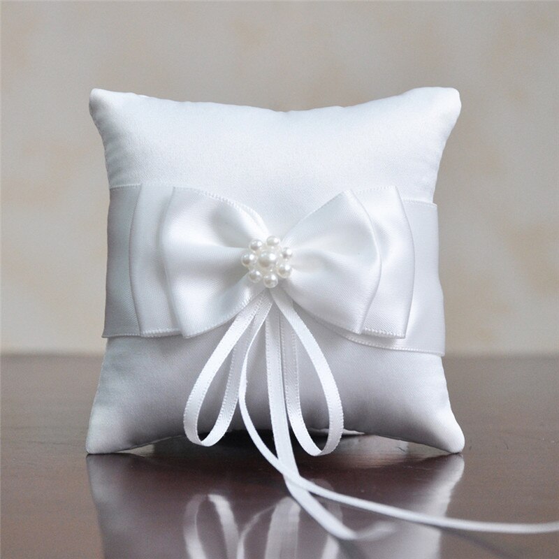 Romantic Double Bow Ribbon Pearls Ring Pillow Bridal Wedding Ceremony Pocket Ring Pillow Cushion Bearer With Ribbons Decoration