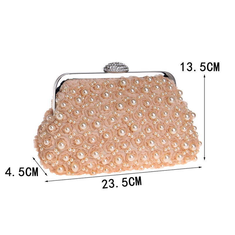 Beaded Women Clutch Party Wedding Chain Shoulder Handbags Diamonds Metal Rose Vintage Evening Bags