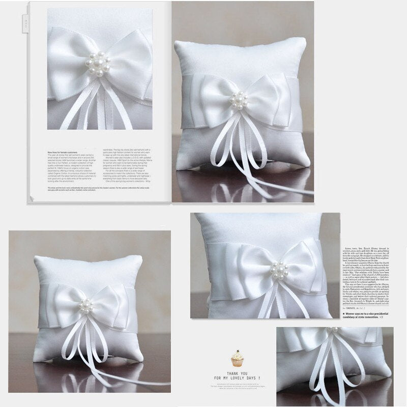 Romantic Double Bow Ribbon Pearls Ring Pillow Bridal Wedding Ceremony Pocket Ring Pillow Cushion Bearer With Ribbons Decoration