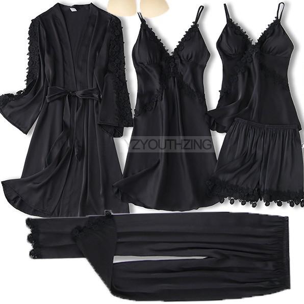 5PCS Robe Suit Satin Women Nightwear Lace Kimono Gown Bridal Wedding Bathrobe Set Sexy Pajamas V-Neck Sleepwear Lounge Lingerie