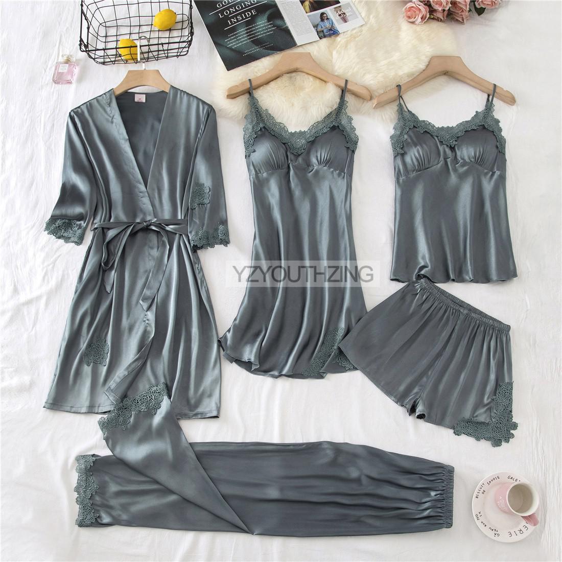 Lace PJ's Women Pajamas Suit Satin Sexy Sleepwear Summer Pyjamas With Trousers Nightgown V-Neck Kimono Robe Gown Set Lingerie