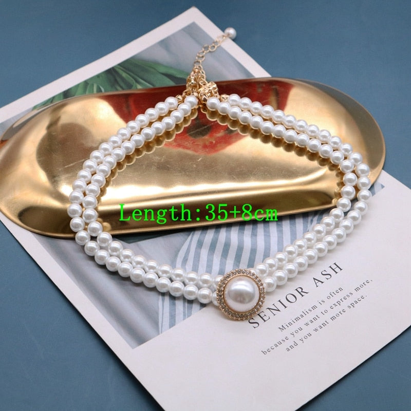 Retro Elegant Necklace Glass Pearls Double Choker Rhinestone Glitter Wedding Party Decoration Wholesale