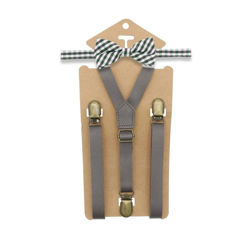 3 Clips Y Back Kid Brown Tan Leather Suspender And Bow Tie Ring Bearer Bowtie Set Birthday Outfit 80*1.5cm Adjustable