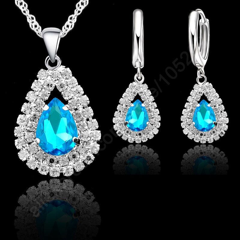 S925 Sterling Silver Jewelry Sets For Wedding Engagement Women Bridal Water Drop Crystal Pendants Necklace Earrings Set