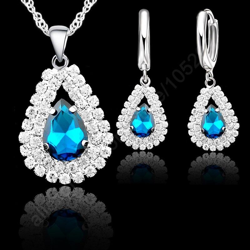 S925 Sterling Silver Jewelry Sets For Wedding Engagement Women Bridal Water Drop Crystal Pendants Necklace Earrings Set