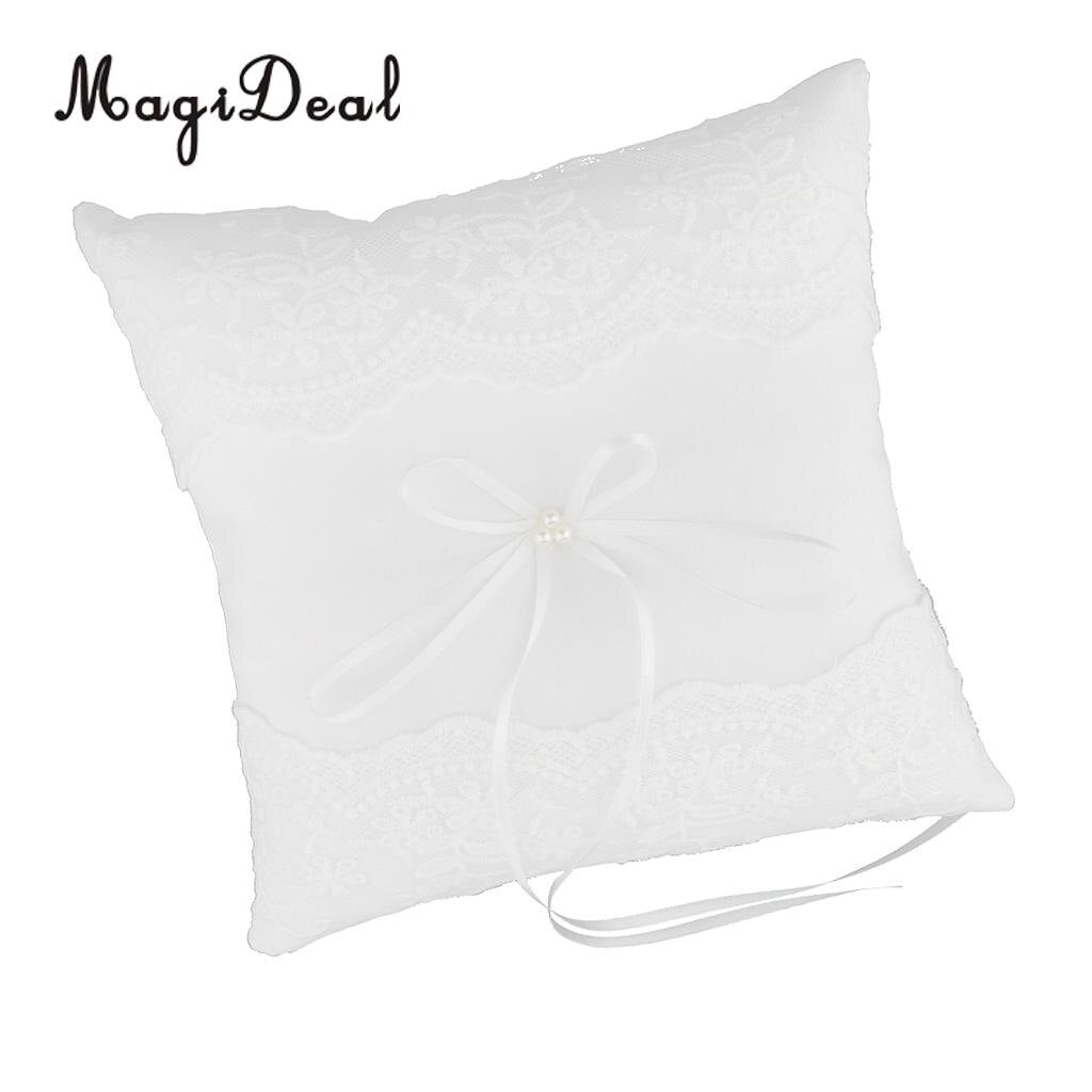 MagiDeal Delicate Wedding Ceremony Party Pearls Lace Ring Pillow Cushion Bearer for Engagement Marriage Proposal Decor White