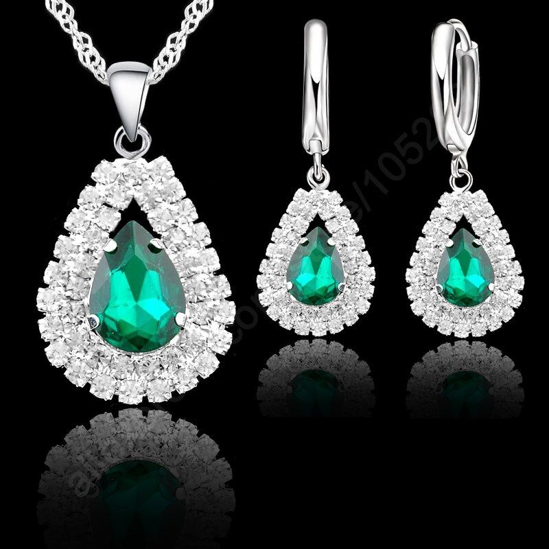 S925 Sterling Silver Jewelry Sets For Wedding Engagement Women Bridal Water Drop Crystal Pendants Necklace Earrings Set