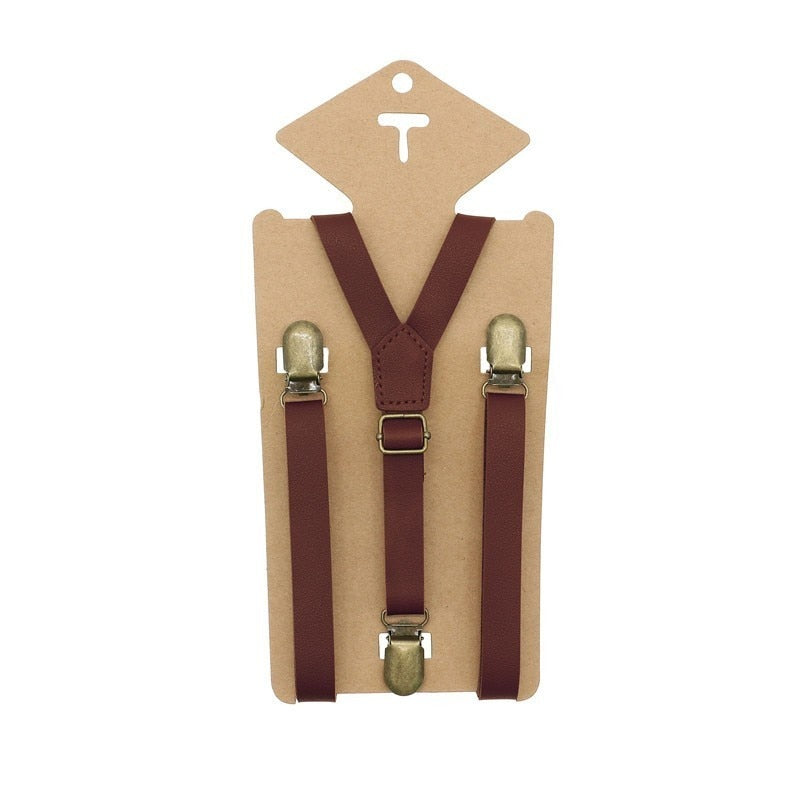 3 Clips Y Back Kid Brown Tan Leather Suspender And Bow Tie Ring Bearer Bowtie Set Birthday Outfit 80*1.5cm Adjustable