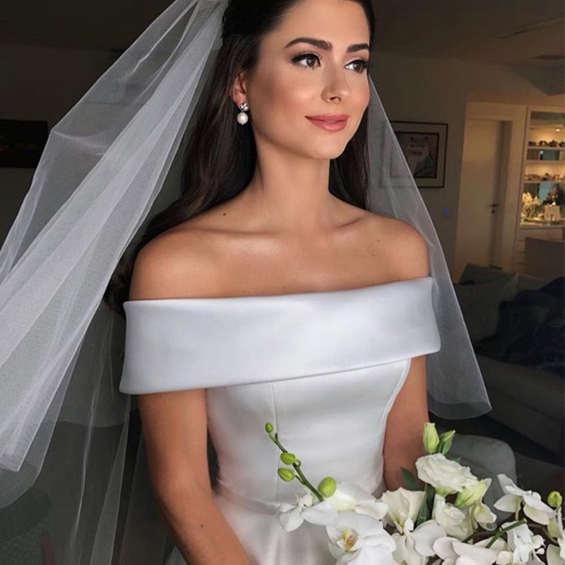 Simple A Line Wedding Dresses Satin Off The Shoulder Wedding Bridal Gowns Sweep Train Casual Dresses Zipper With Buttons Back