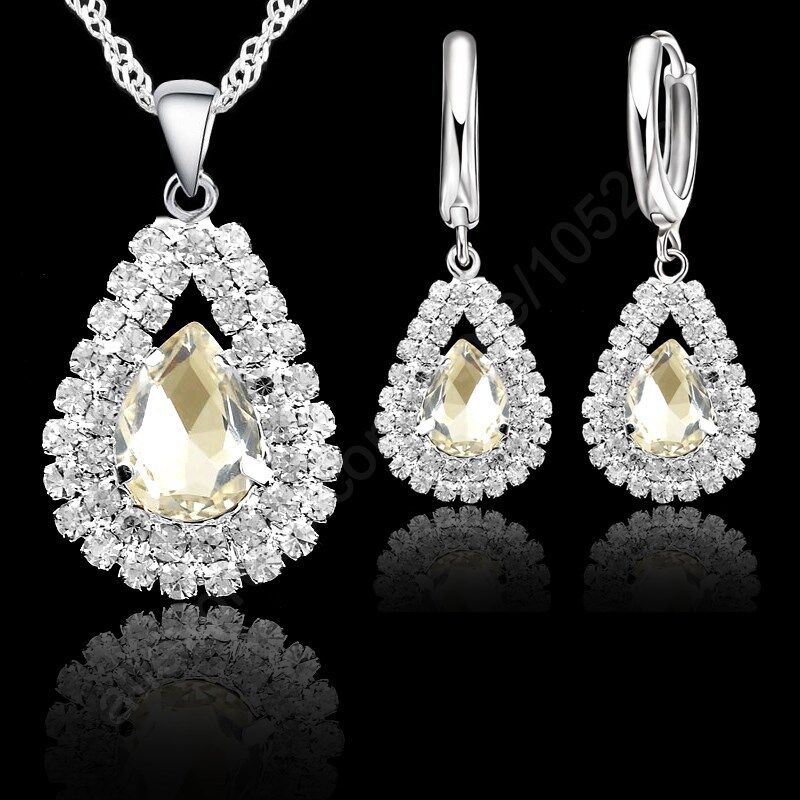 S925 Sterling Silver Jewelry Sets For Wedding Engagement Women Bridal Water Drop Crystal Pendants Necklace Earrings Set