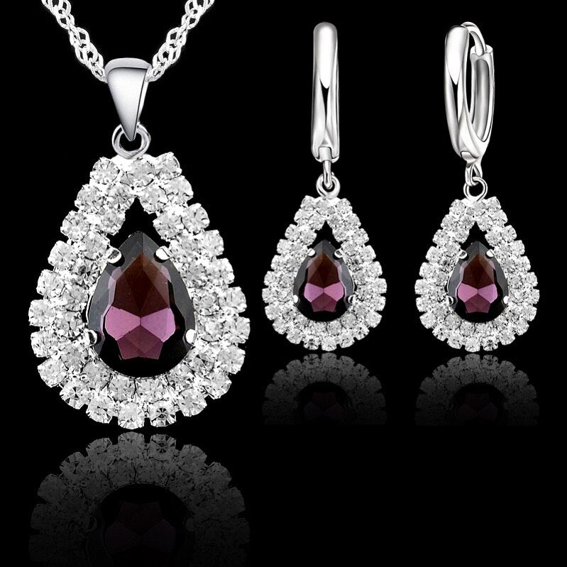 S925 Sterling Silver Jewelry Sets For Wedding Engagement Women Bridal Water Drop Crystal Pendants Necklace Earrings Set