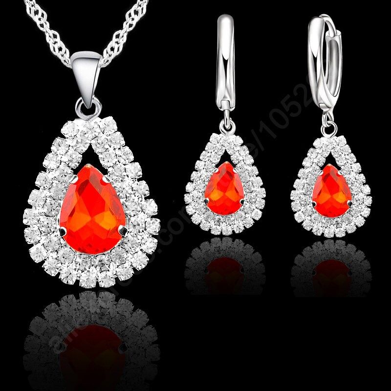 S925 Sterling Silver Jewelry Sets For Wedding Engagement Women Bridal Water Drop Crystal Pendants Necklace Earrings Set