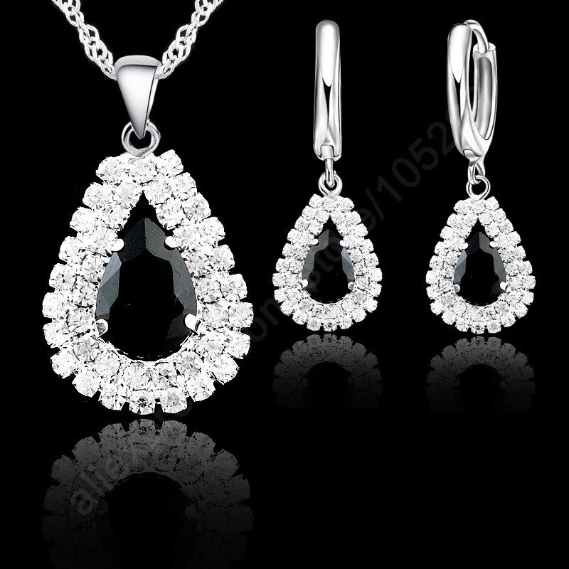 S925 Sterling Silver Jewelry Sets For Wedding Engagement Women Bridal Water Drop Crystal Pendants Necklace Earrings Set