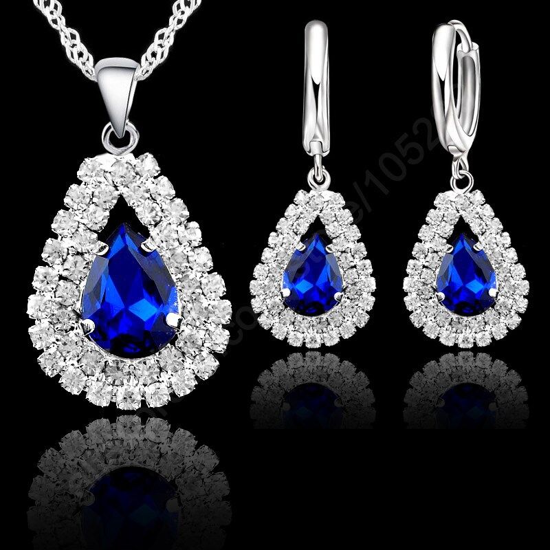 S925 Sterling Silver Jewelry Sets For Wedding Engagement Women Bridal Water Drop Crystal Pendants Necklace Earrings Set