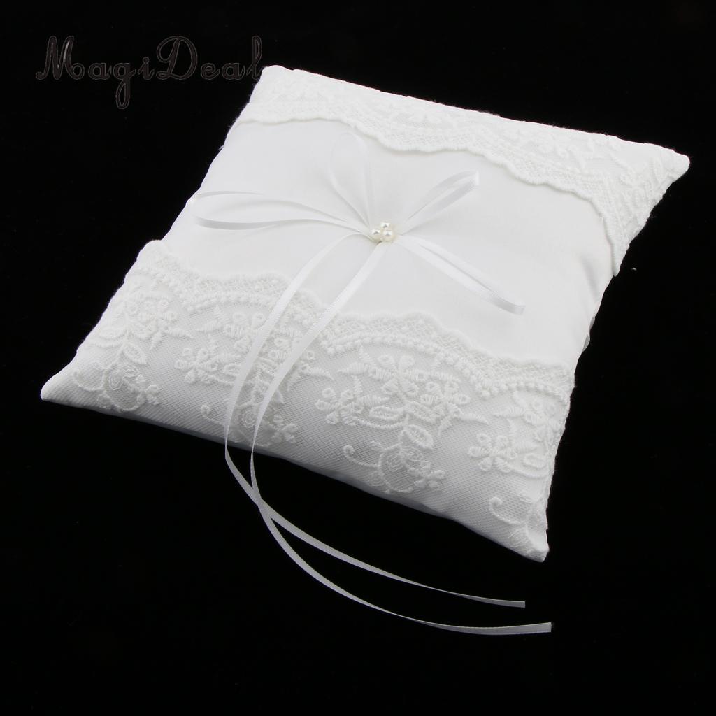 MagiDeal Delicate Wedding Ceremony Party Pearls Lace Ring Pillow Cushion Bearer for Engagement Marriage Proposal Decor White