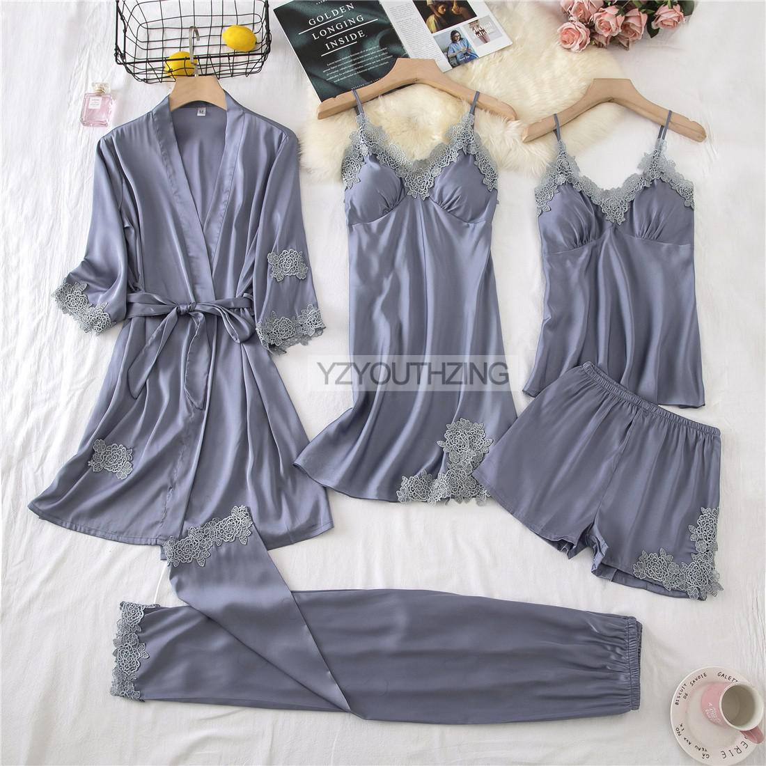 Lace PJ's Women Pajamas Suit Satin Sexy Sleepwear Summer Pyjamas With Trousers Nightgown V-Neck Kimono Robe Gown Set Lingerie