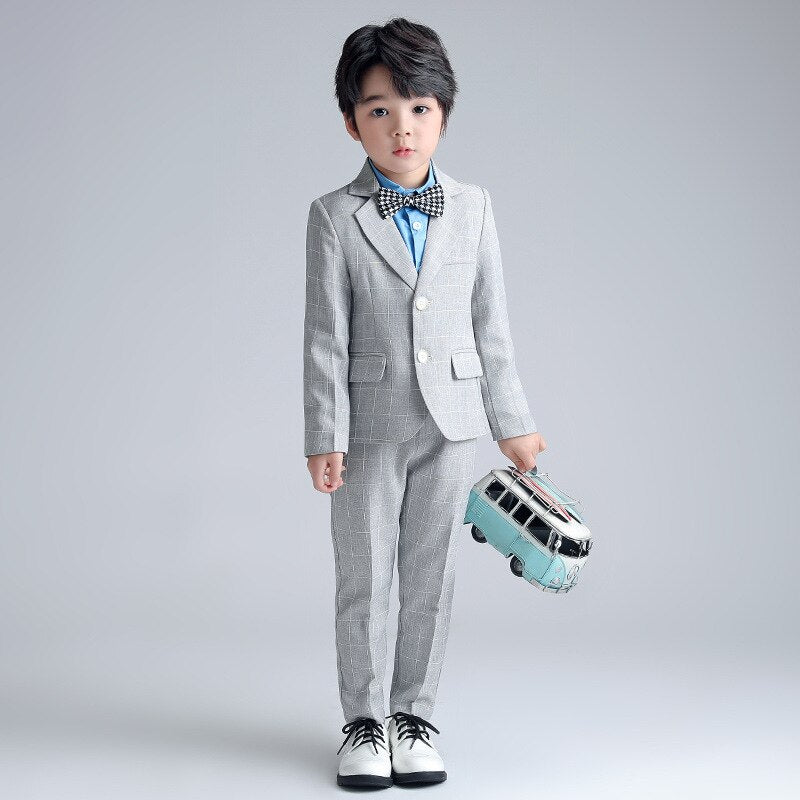 Boys Plaid Suit Wedding Ring Bearer Outfit Kids Striped Blazer Suit Pants Bow Tie 3pcs Clothes Spring Summer Child Party Dress