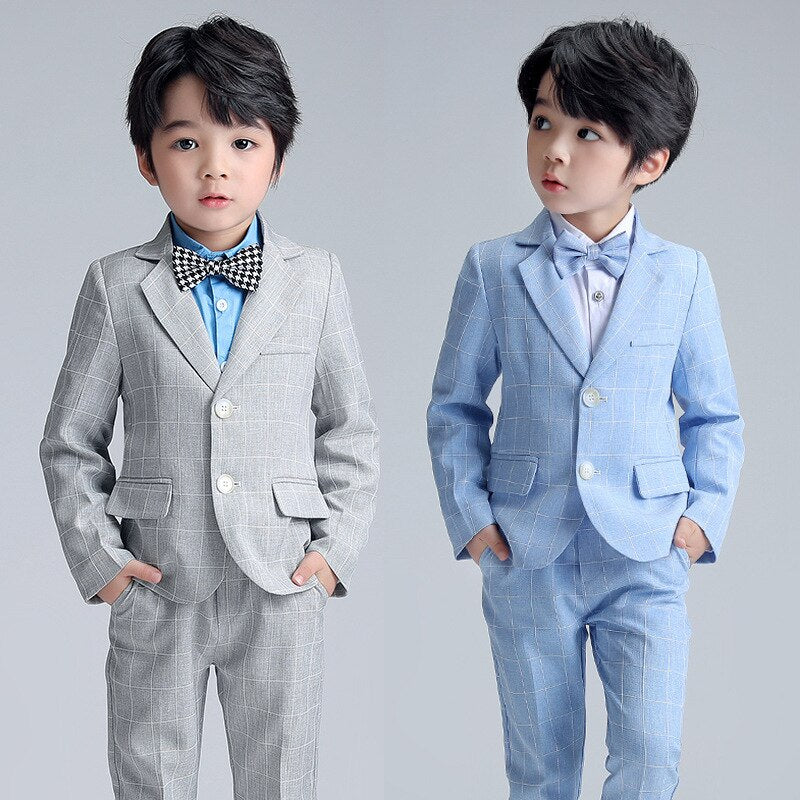 Boys Plaid Suit Wedding Ring Bearer Outfit Kids Striped Blazer Suit Pants Bow Tie 3pcs Clothes Spring Summer Child Party Dress