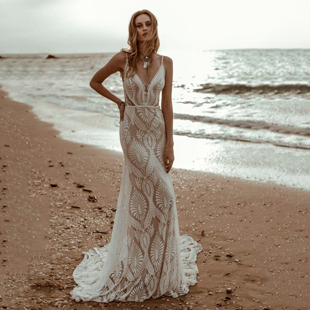 Beach Spaghetti Straps Lace Wedding Party Gowns Backless Custom Made Destination Deep V-Neck Rustic Long Mermaid Bridal Dress