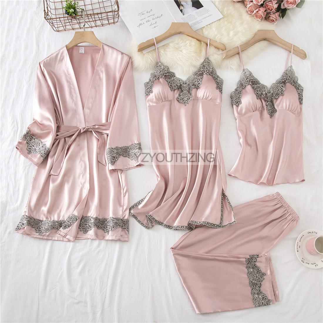 Lace PJ's Women Pajamas Suit Satin Sexy Sleepwear Summer Pyjamas With Trousers Nightgown V-Neck Kimono Robe Gown Set Lingerie