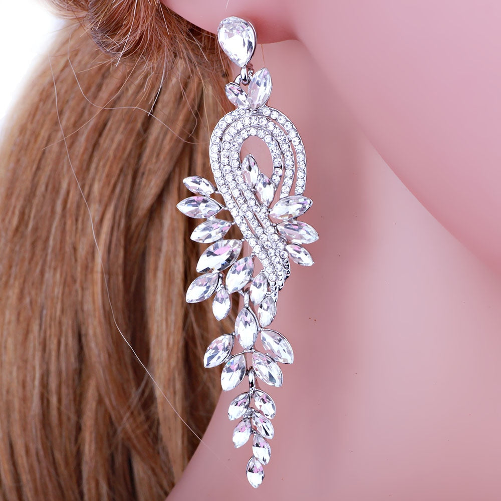 Bridal jewellery Luxury crystal leaf large earrings long drop earrings for women wedding party jewelry accessory