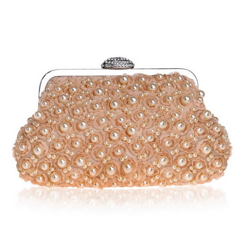 Beaded Women Clutch Party Wedding Chain Shoulder Handbags Diamonds Metal Rose Vintage Evening Bags