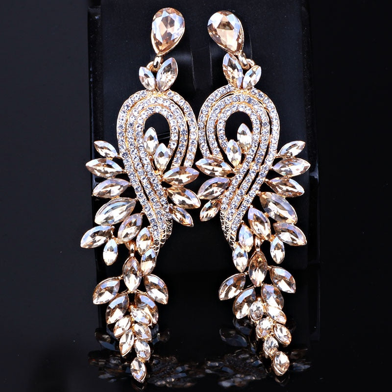 Bridal jewellery Luxury crystal leaf large earrings long drop earrings for women wedding party jewelry accessory