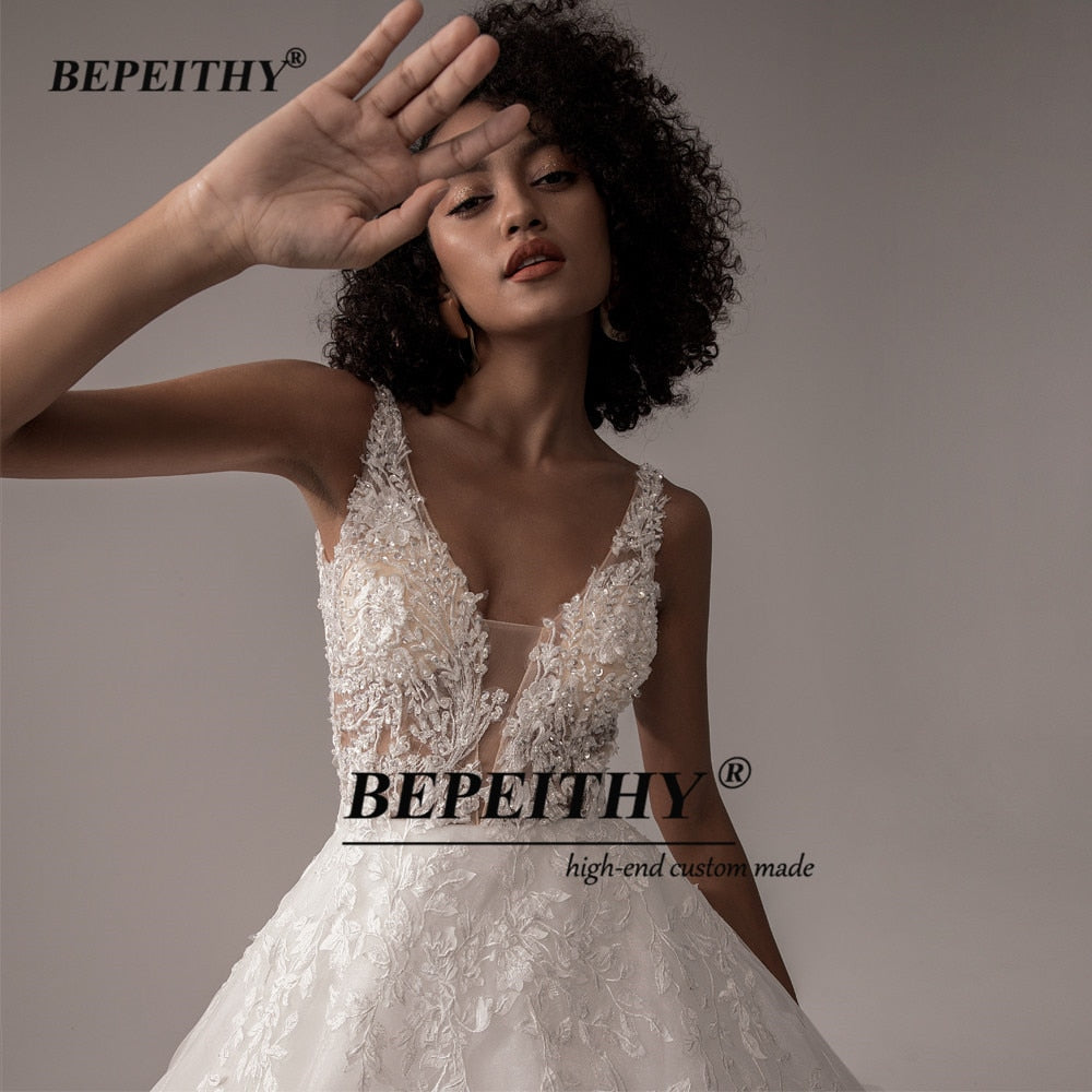 BEPEITHY Vestido De Noiva V Neck Sleeveless Wedding Dresses 2022 For Women A Line Ivory Lace Romantic Bride Boho Bridal Gown