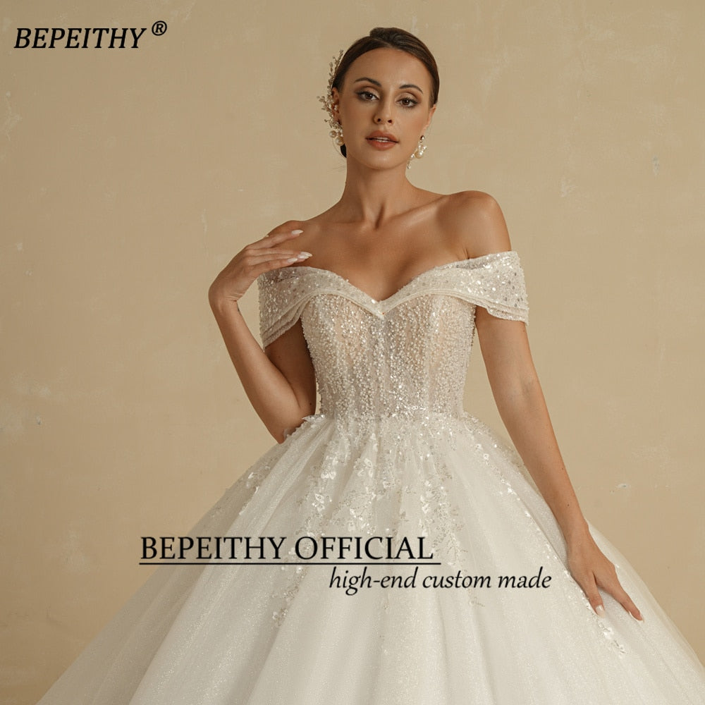 BEPEITHY Ivory Beading Princess Wedding Dresses 2022 For Bride Off The Shoulder Sleeveless Women Glitter Ball Bridal Gown Robes